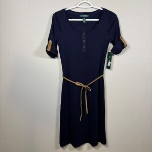 Lauren Ralph Lauren Navy Blue Ribbed Henley Dress with Belt Size XS